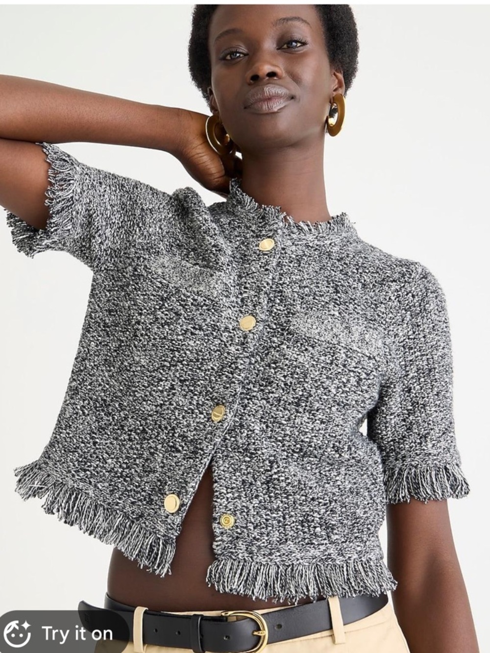 J. Crew Black and White Tweed Fringe Short-Sleeve Jacket